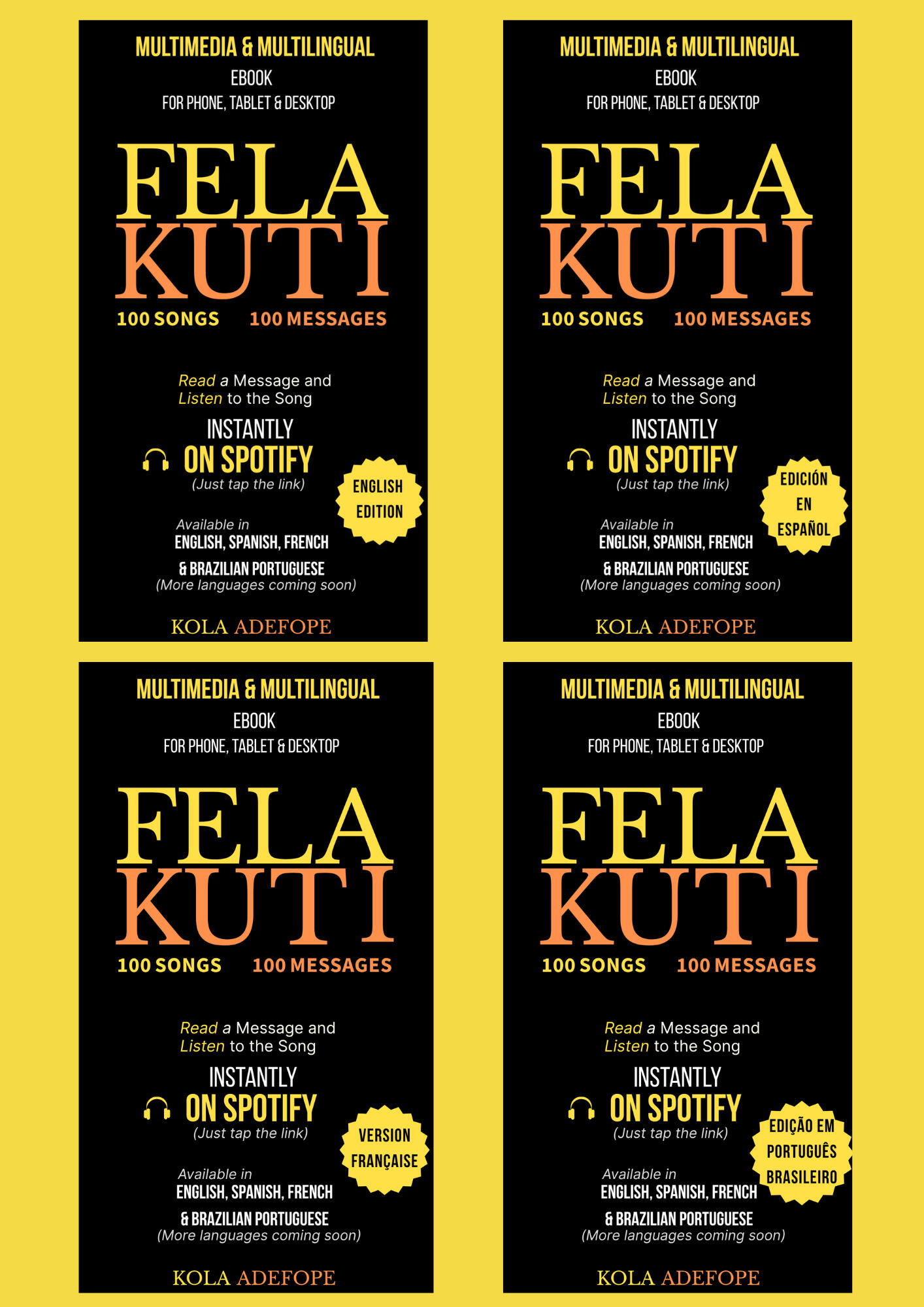 Fela Kuti Ebook (English, Spanish, Brazilian Portuguese, French) Fela Kuti Afrobeat companion ebook — multilingual PDF with 100 iconic tracks, Spotify links, and powerful historical and musical context.